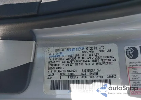 2020 Nissan 370Z Sport 6-Speed Manual z USA, uszkodzony, nr VIN JN1AZ4EH6LM822026